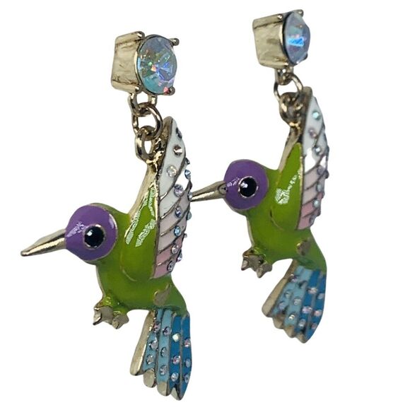 Betsey Johnson Hummingbird Dangle Earrings 2" Crystal Green Spring Ahead - Picture 4 of 11